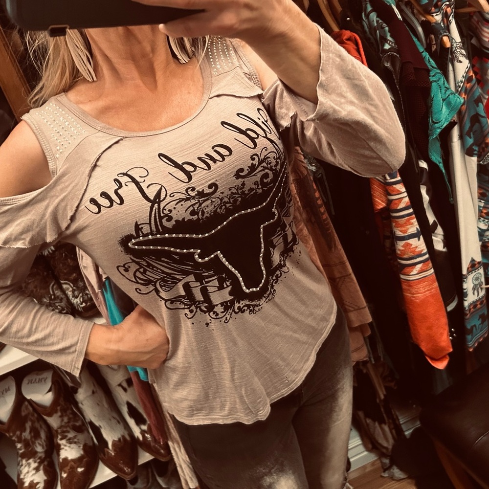 Vocal Cold Shoulder Graphic Women's Top in Beige and black with rhinestones